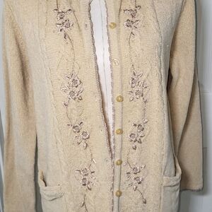 Ivory Beaded Floral Cable Knit Cardigan  Cottagecore Romantic Small